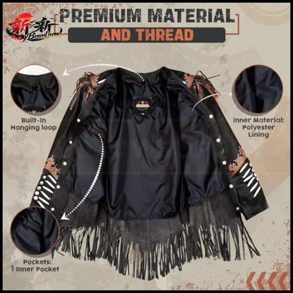 Genuine Cowhide Leather Jacket with Beaded Fringe Tassels - Picture 4 of 7